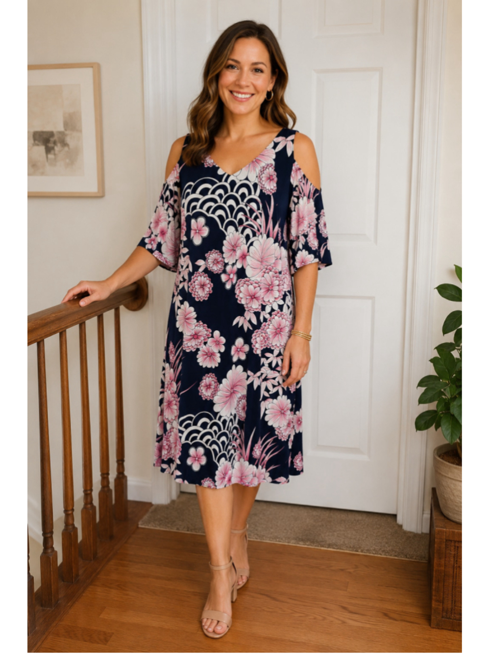 Connected Apparel Navy Pink Floral Cold Shoulder Midi Dress Sz 14W NWT